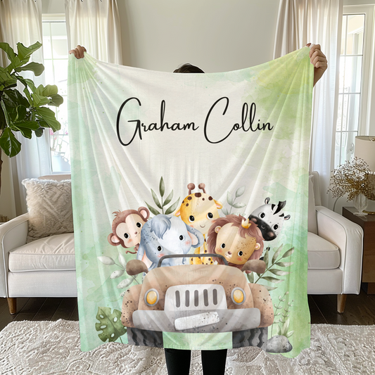 Safari Animals blanket, Personalized Soft Boys Plush blanket