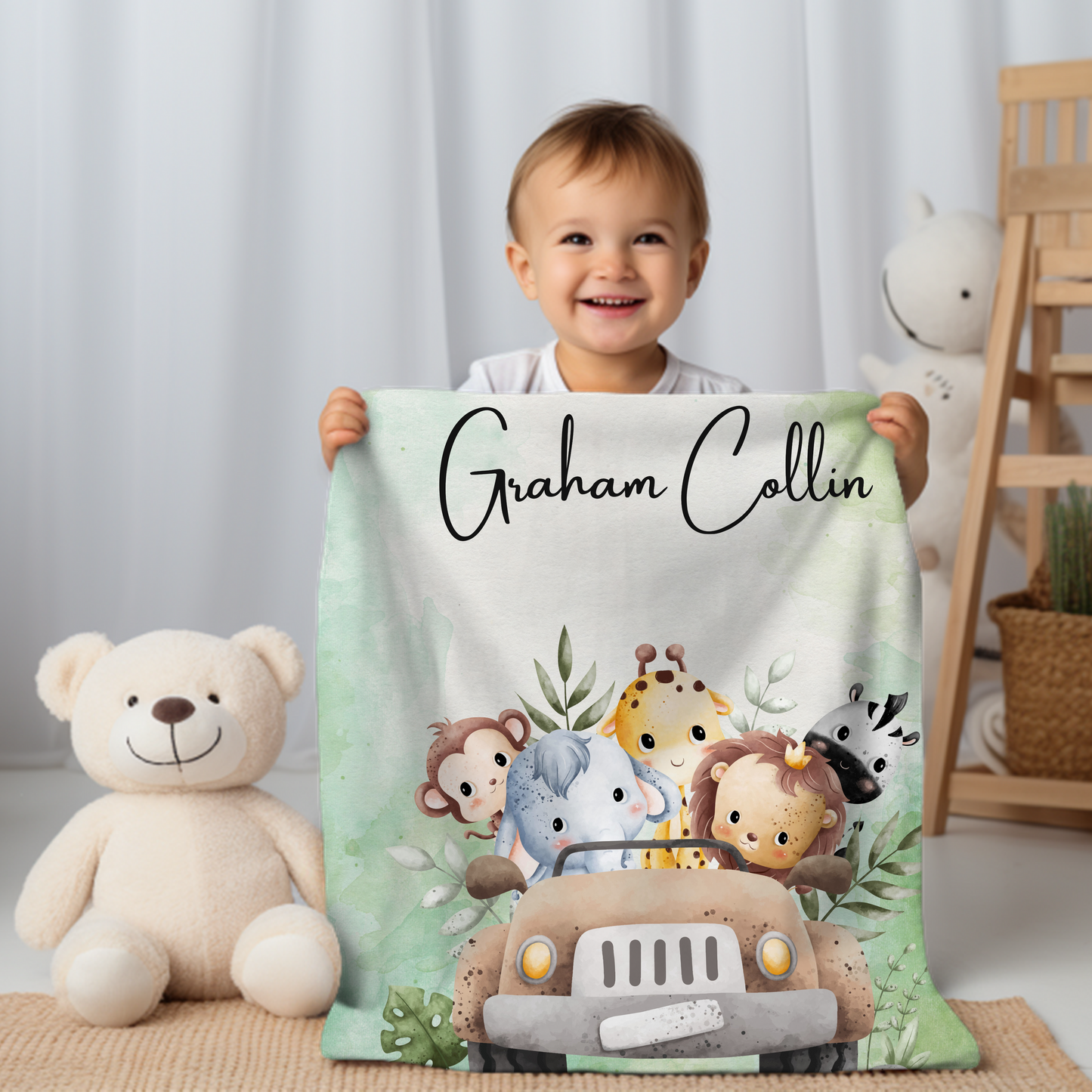 Safari Animals blanket, Personalized Soft Boys Plush blanket